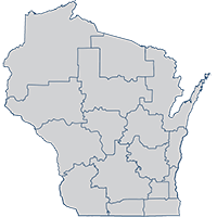 State of Wisconsin map outlined to show the 16 technical college districts