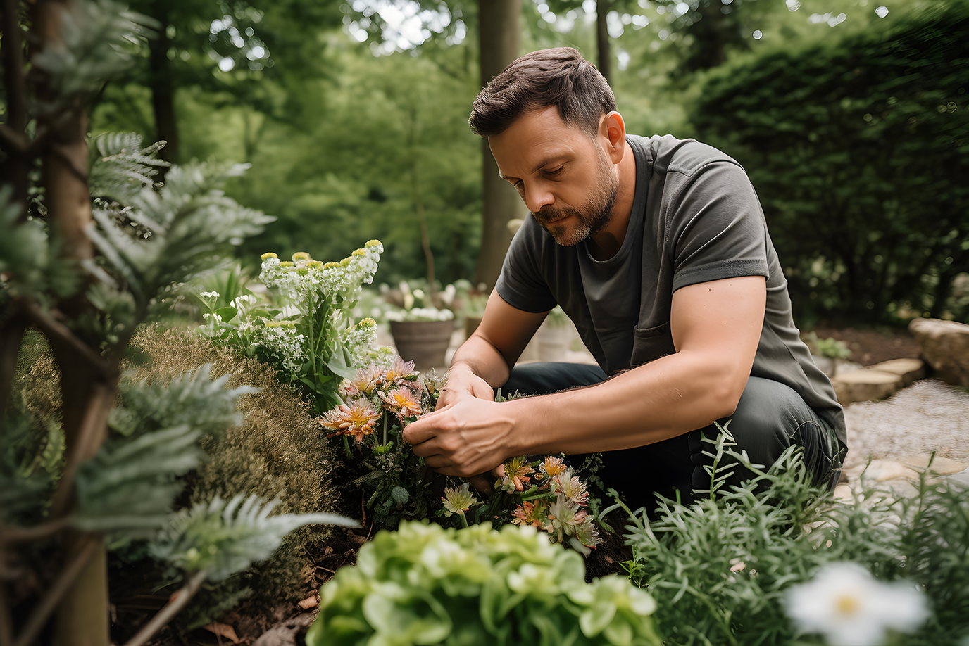 Landscape horticulture entrepreneur examining plants 